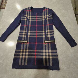 Navy Plaid Long Sleeve Sweater Tunic with Gold Zippers